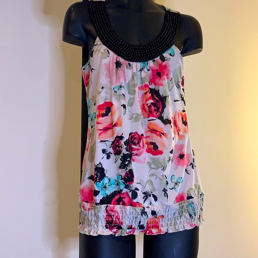 Women’s Small Maurices Sleeveless Sequin Neckline Floral Pattern Blouse